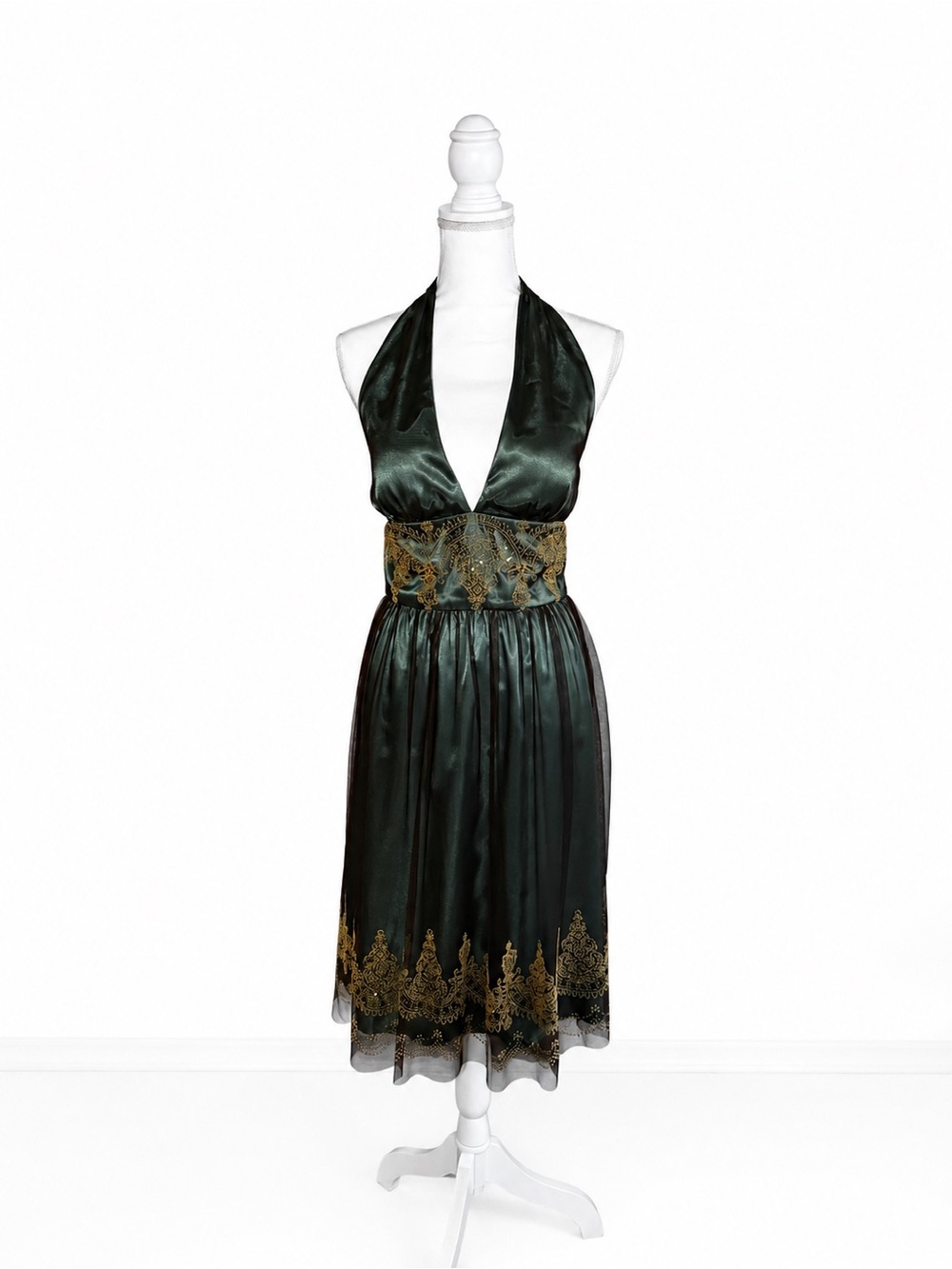 Adrianna Papell Emerald Halter Dress with Gold Embroidery